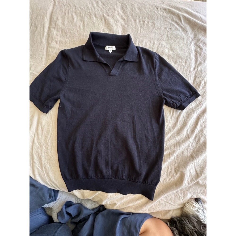 Minimalist Reiss Merino Wool Knit Polo Shirt Size M Navy Blue Short Sleeve